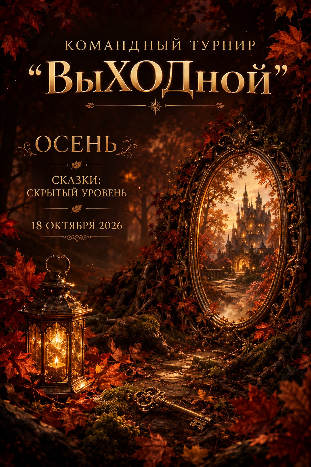 Афиша турнира «Осенний ВыХОДной»: лес, фонарь, зеркало-портал и сказочный замок